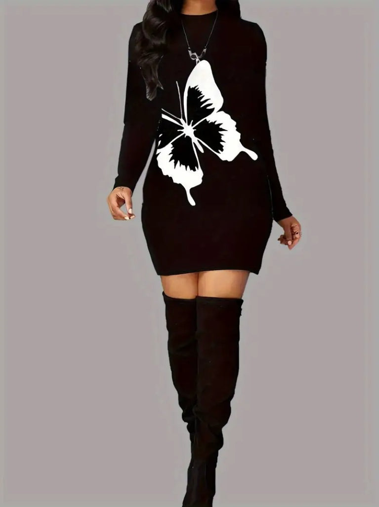 Women's Long Sleeve Crew Neck Butterfly Print Short Viscose Two Yarn Dress