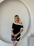 Women's Short Sleeve Asymmetric Cut Neckline, Strip, and Accessory Detailed Modal Dress