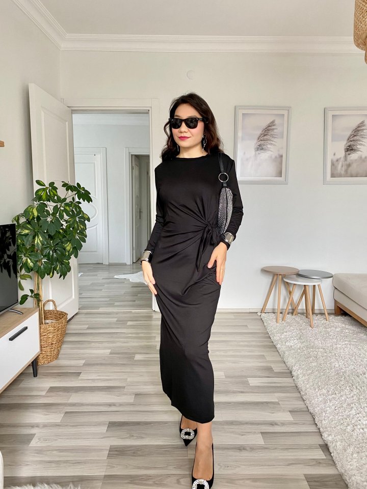 Women's Long Sleeve Crew Neck Cross-Tie Waist Side Slit Long Viscose Two-Thread Dress