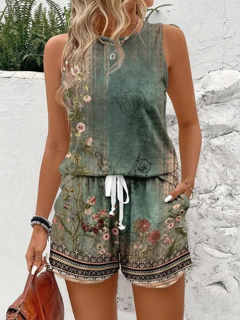 Women's Strappy Round Neck Floral Print Peplum Blouse and Shorts Set