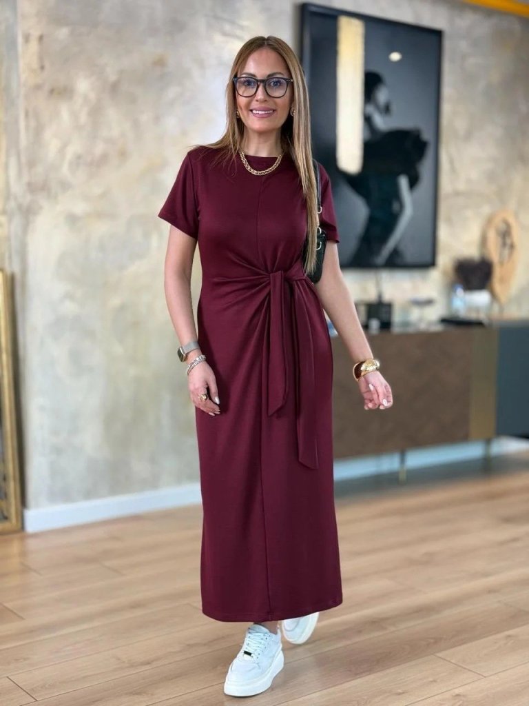 Women's Short-Sleeved Crew Neck Side Tie Viscose Two-Thread Dress