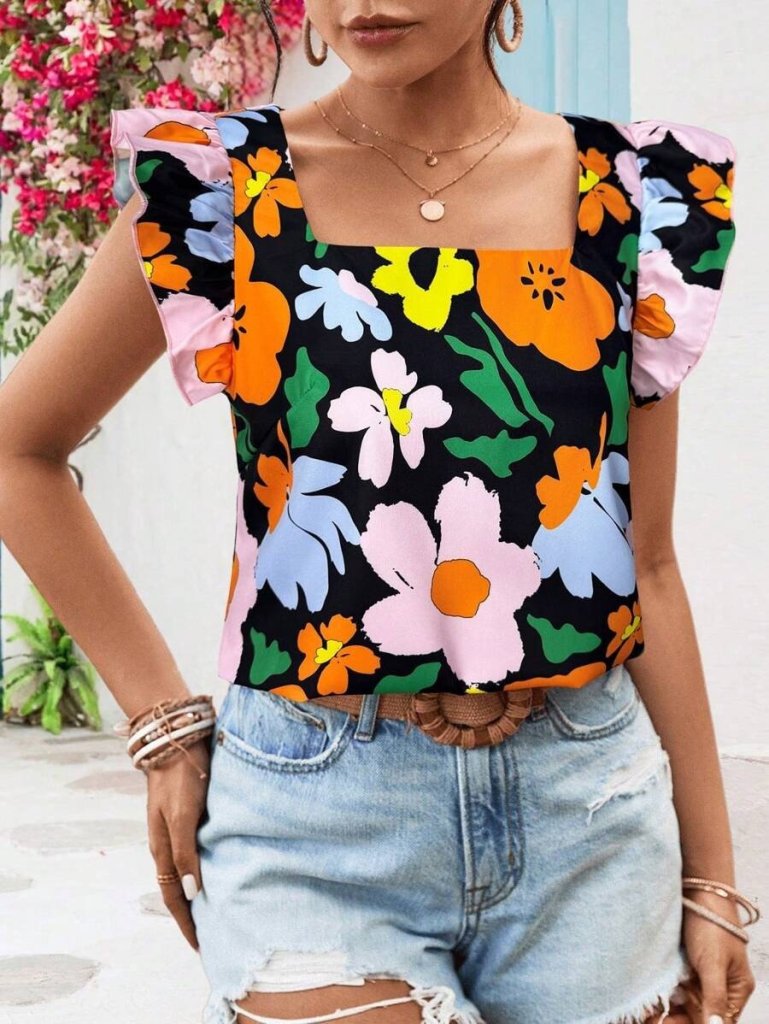 Women's Short Ruffle Sleeve Square Neck Floral Print Imported Linen Blouse