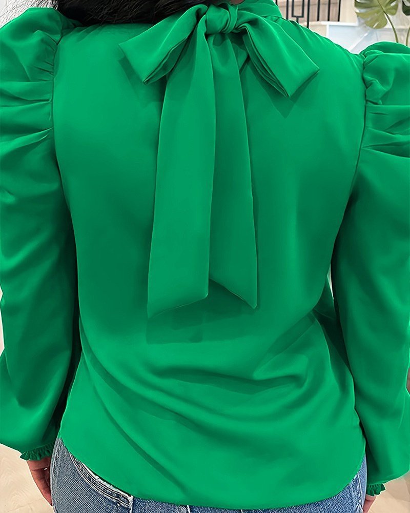 Women's Long Sleeve Turtle Neck Tie-Back Balloon Shoulder Imported Crepe Blouse