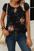 Women's Short Sleeve Crew Neck Floral Printed Jersey Blouse