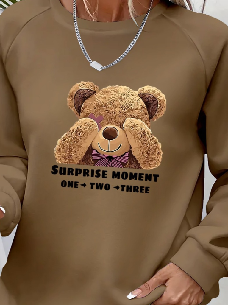 Women's Long Sleeve Crew Neck Teddy Bear Print Viscose Double-Threaded Blouse