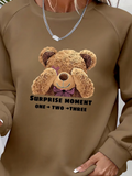 Women's Long Sleeve Crew Neck Teddy Bear Print Viscose Double-Threaded Blouse