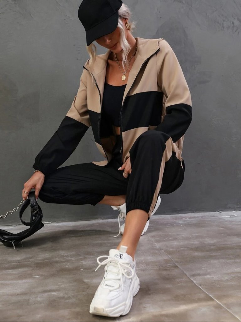 Women's Long Sleeve Hooded Front Zip Viscose Two Thread Blouse and Trousers Two-Piece Set