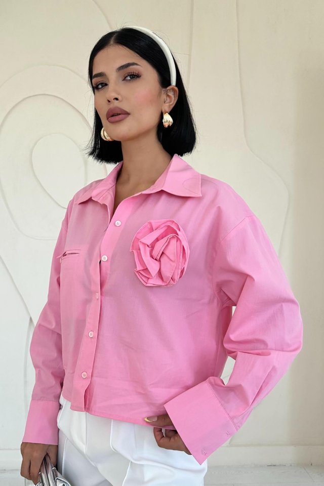 Pembe Fleto Cepli Poplin Gömlek