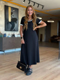Women's Short Sleeve Crew Neck Side Slit Midi Viscose Dress