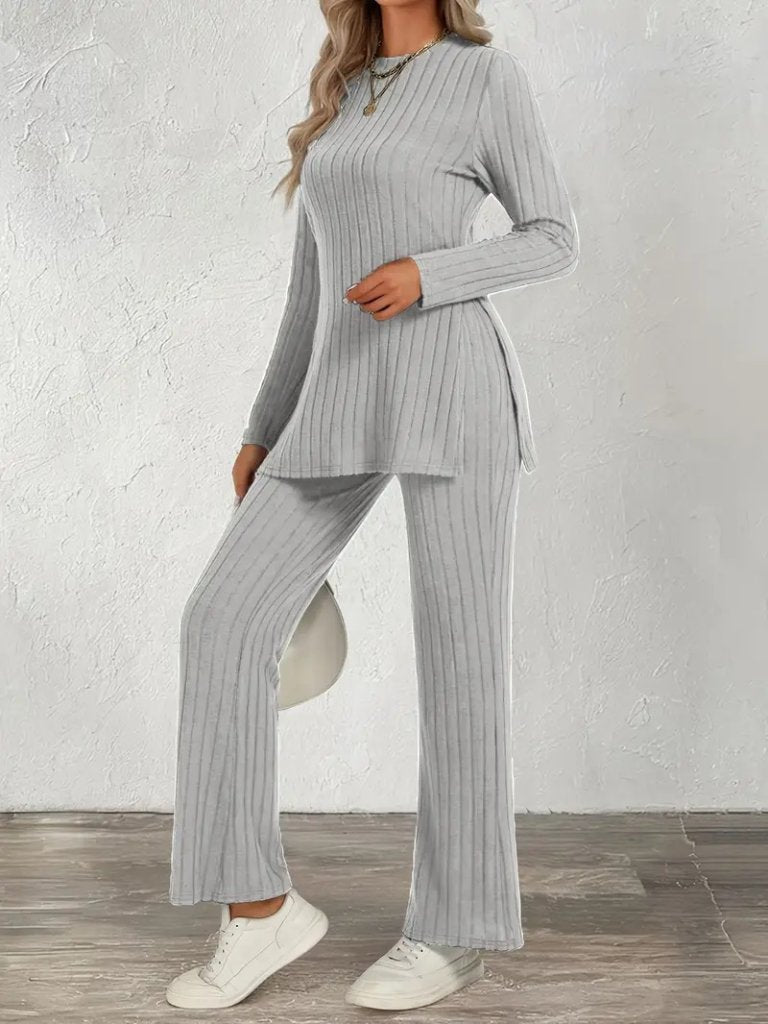 Women's Long-Sleeve Crew Neck Side Slit Brushed Ribbed Blouse and Pants Two-Piece Set