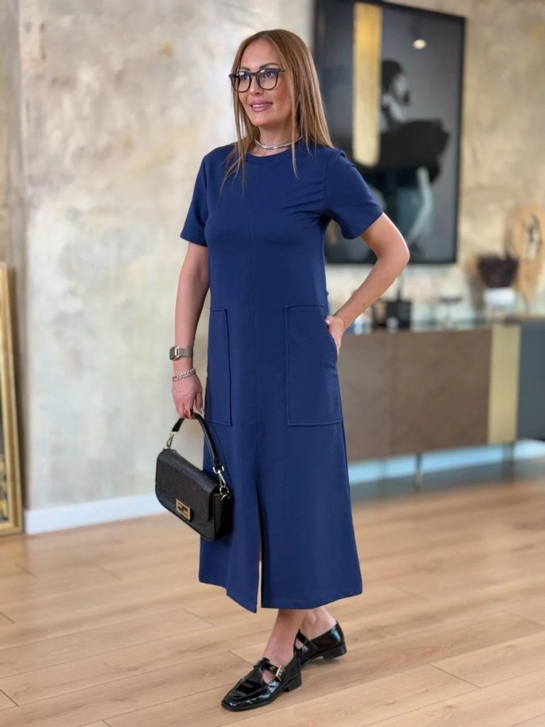 Women's Short-Sleeved Round Neck Pocketed Front Slit Viscose Two-Thread Midi Dress