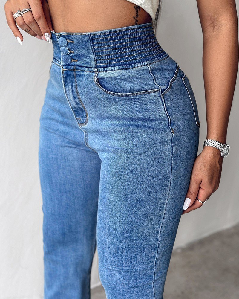 Women's High Waist Elasticated Sides Button Front Jeans