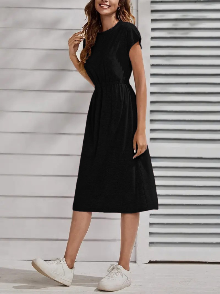 Women's Short Sleeve Crew Neck Elastic Waist Midi Viscose Dress