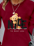 Women's Long-Sleeved Crew Neck Bear Print Viscose Two-Yarn Dress