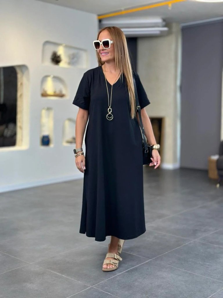 Women's Short-Sleeved V-Neck Pocket Detailed Long Viscose Two-Thread Dress