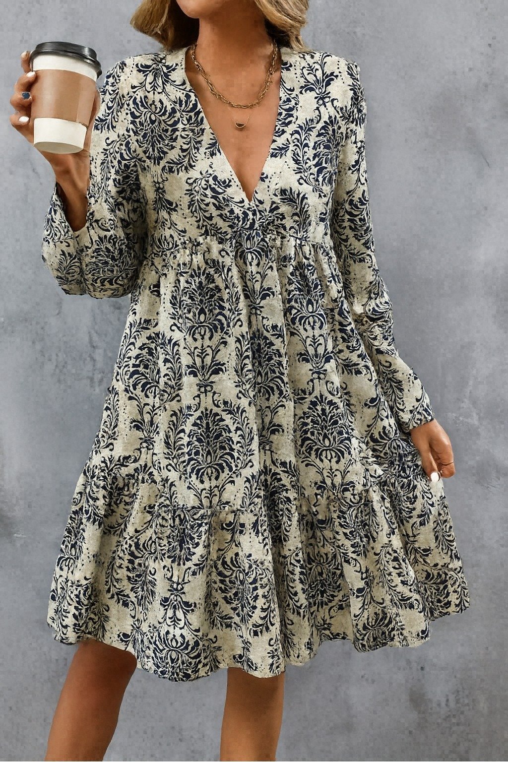 Women's Long-Sleeved V-Neck Ruffle Mini Jersey Dress