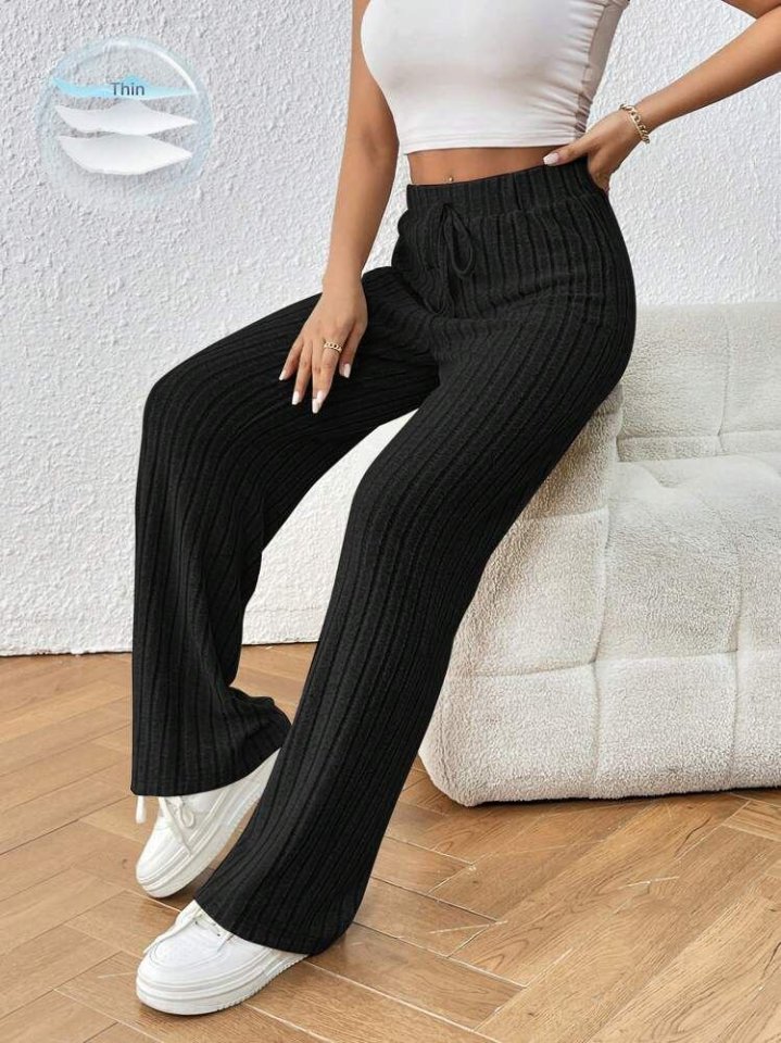 Women's Light Brushed Full Lycra Ribbed Cashmere Fabric Wide-Leg Pants