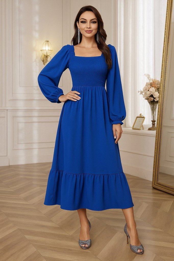 Women's Long Sleeve Square Neck Shirred Long Knit Dress