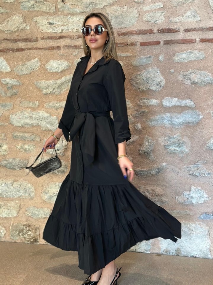 Women's Long Sleeve Ruffle Skirt Belted Tricot Full Length Shirt Dress