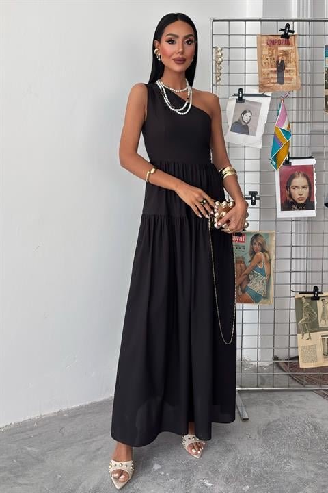 Tek Omuzlu Pile Detay Maxi Elbise 2895