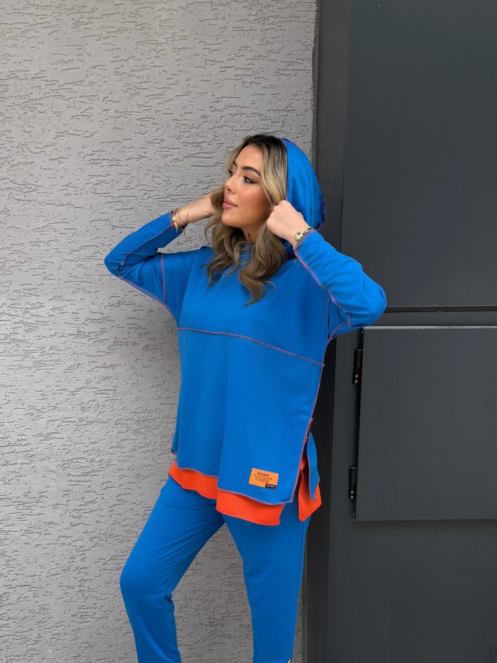 Women's Indigo Hooded Hem Detail Emblem Reverse Stitch Look Two-Piece Set
