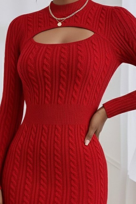 Women's Long-Sleeve Mock Neck Cut-Out Bust Detail Mini Knit Dress