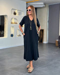 Women's Short-Sleeved V-Neck Pocket Detailed Long Viscose Two-Thread Dress