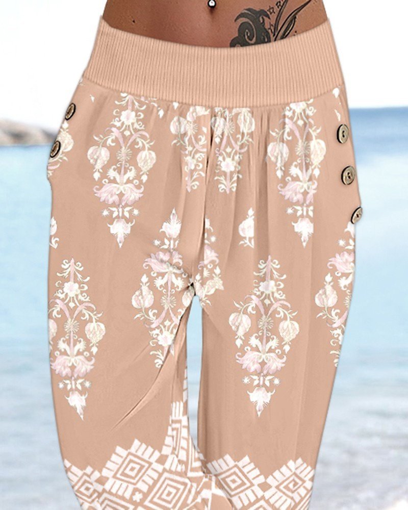Women's Elastic-Waist Ethnic Print Capri Supra Pants