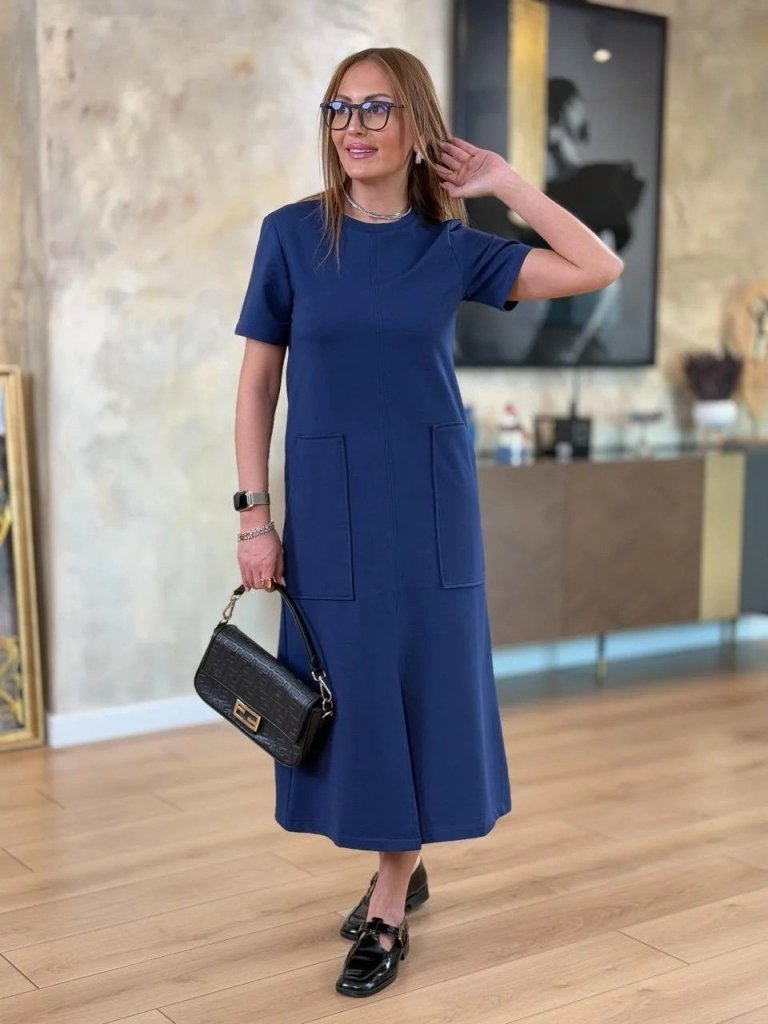 Women's Short-Sleeved Round Neck Pocketed Front Slit Viscose Two-Thread Midi Dress