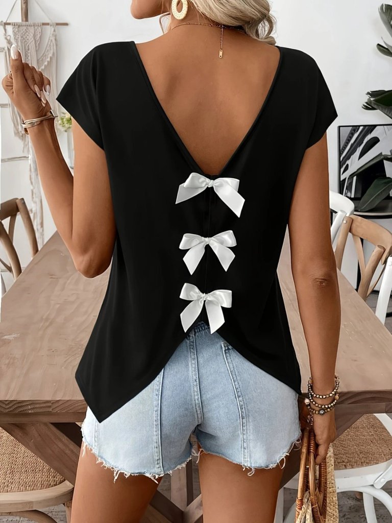 Women's Short Sleeve V-Neck Viscose Blouse with Back Ribbon Detail