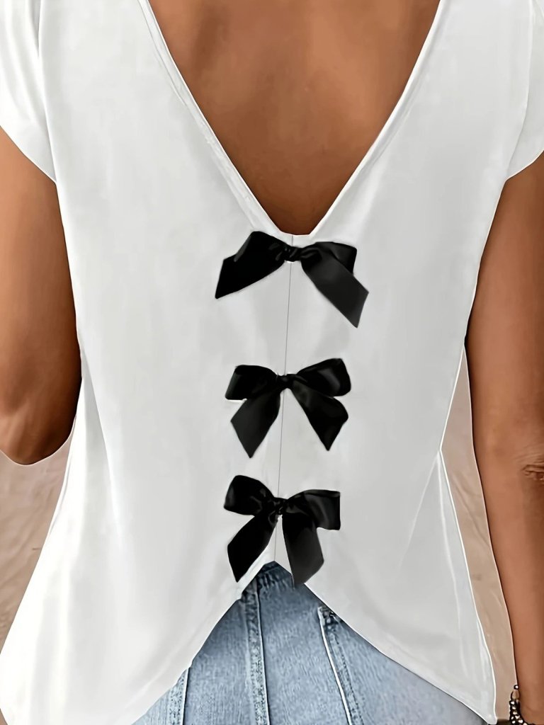 Women's Short Sleeve V-Neck Viscose Blouse with Back Ribbon Detail