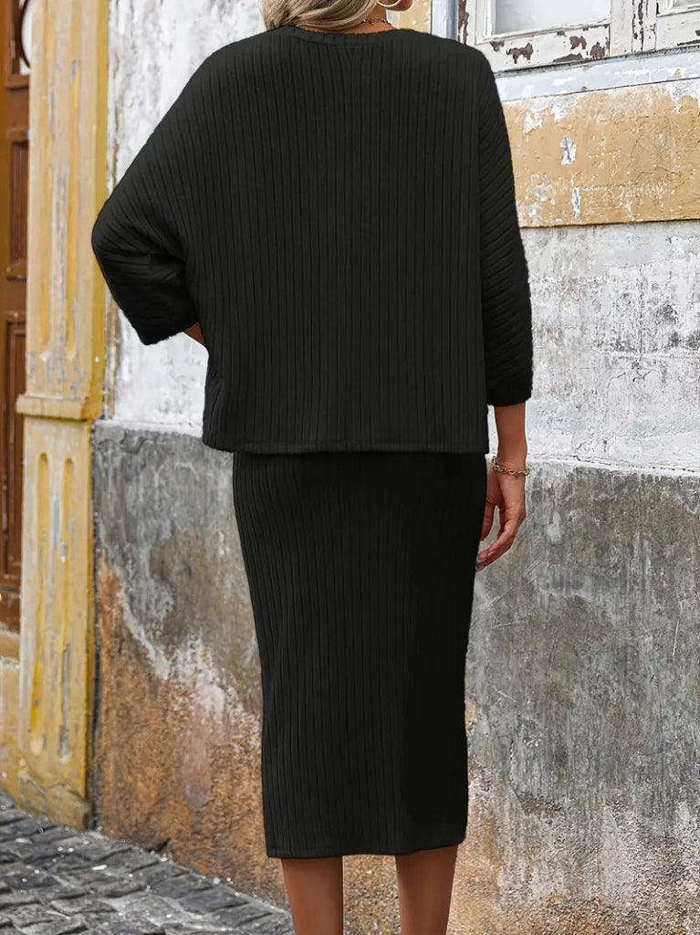 Women's Long Sleeve Scoop Neck Batwing Sleeve Brushed Kaşkorse Blouse and Skirt Set