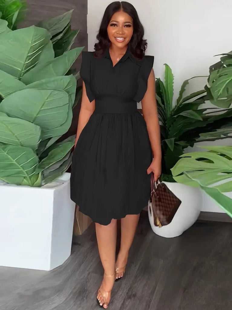 Women's Collared Woven Mini Dress with Shirring at Waist and Front