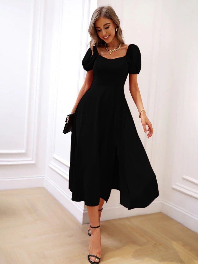 Women's Short Sleeve Square Neck Slit Midi Crepe Dress