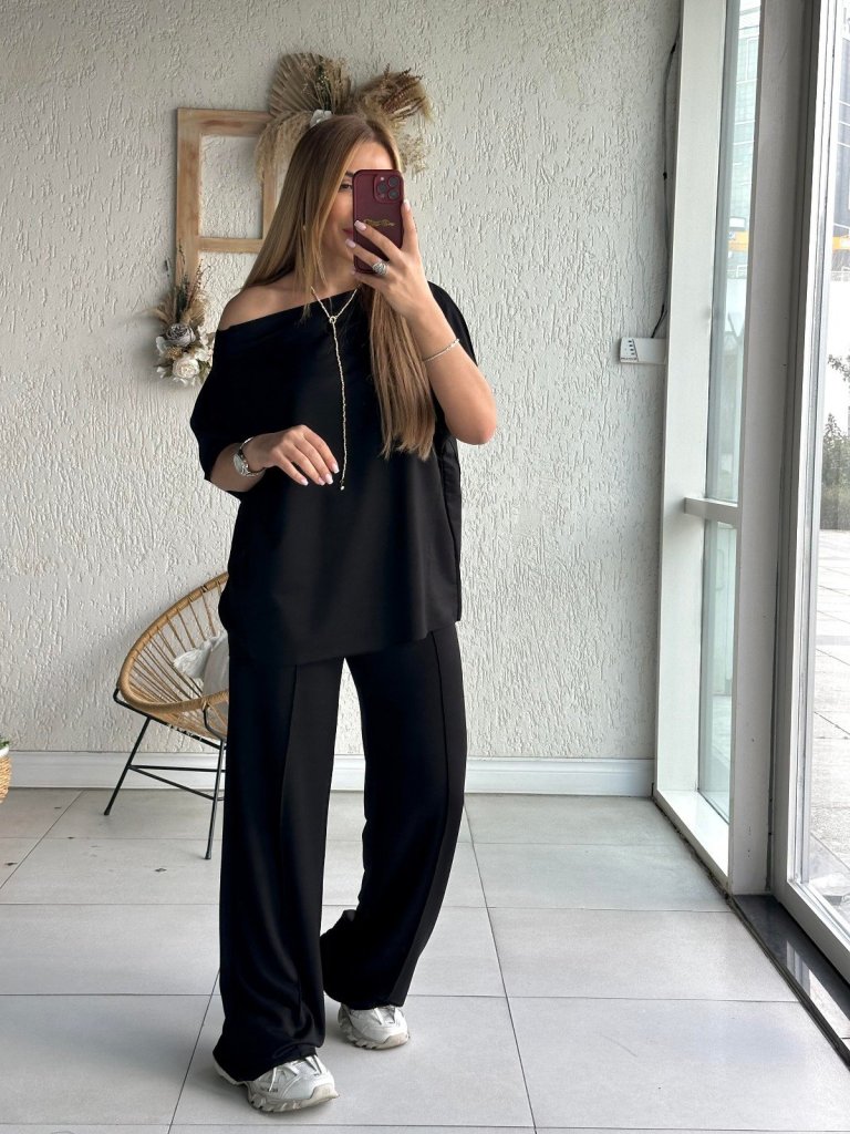 Women's One-Shoulder Open Wide-Leg Viscose Two-Thread Blouse and Trousers Two-Piece Set