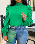 Women's Long Sleeve Turtle Neck Tie-Back Balloon Shoulder Imported Crepe Blouse