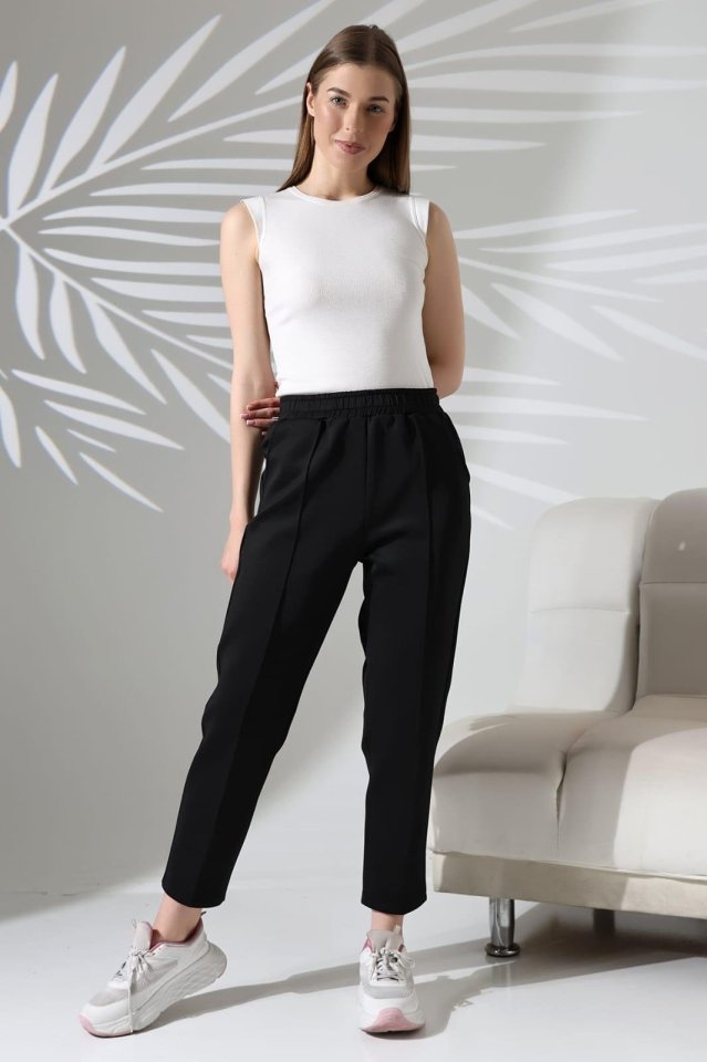 Women's Long Sleeve Scuba Fabric Pocket Detail Elastic Waist Non-Iron Trousers