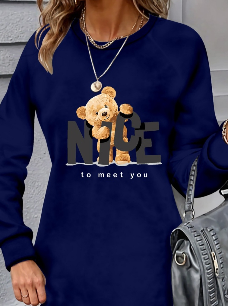 Women's Long-Sleeved Crew Neck Bear Print Viscose Two-Yarn Dress