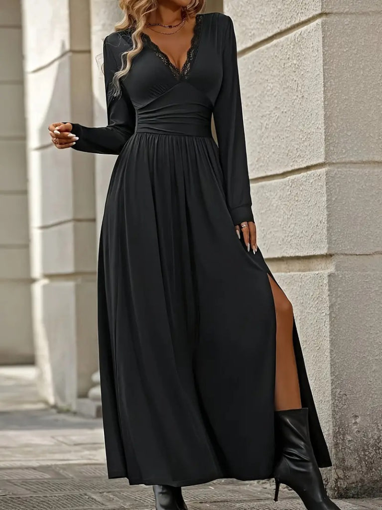 Women's Long Sleeve V-Neck Lace Slit Long Sandy Dress