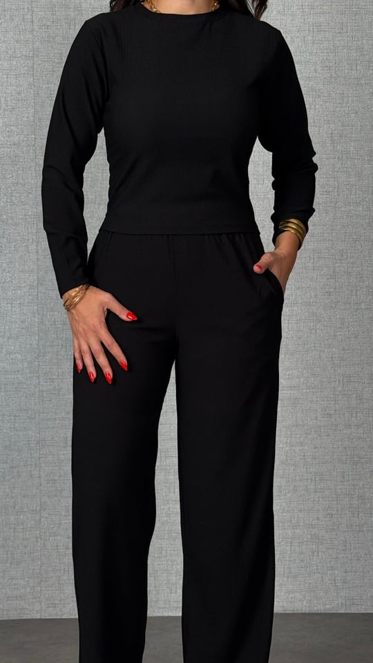 Women's Long Sleeve Crew Neck Crinkle Blouse and Pants Two-Piece Set