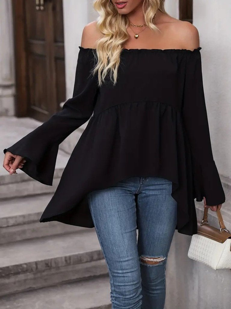 Women's Long Sleeve Madonna Neck Asymmetrical Detail Spanish Viscose Blouse