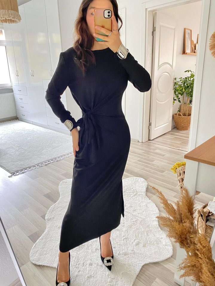 Women's Long Sleeve Crew Neck Cross-Tie Waist Side Slit Long Viscose Two-Thread Dress