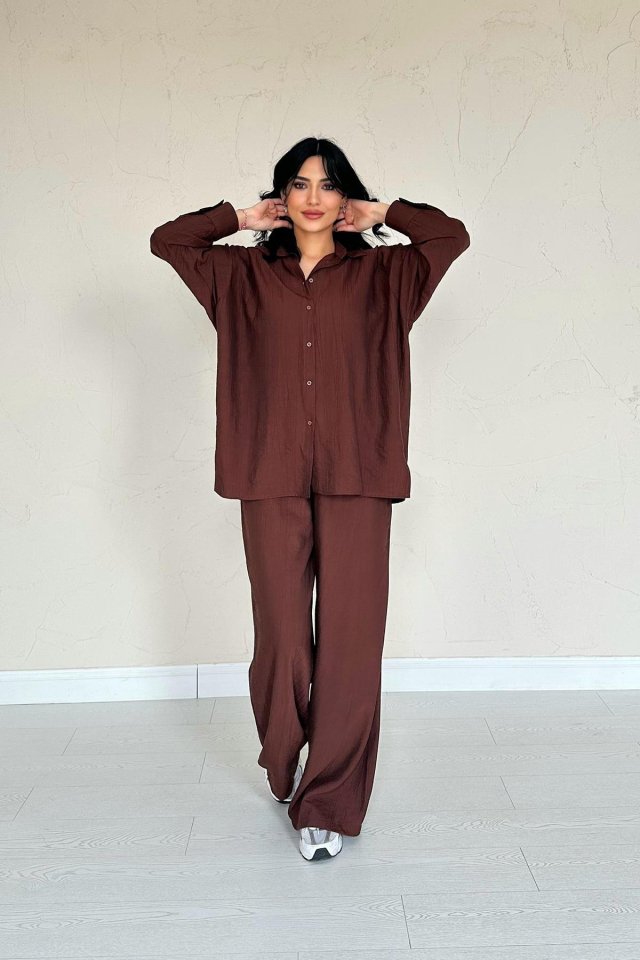 Brown Alice Shirt and Wide-Leg Pants Set