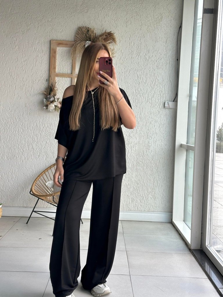 Women's One-Shoulder Open Wide-Leg Viscose Two-Thread Blouse and Trousers Two-Piece Set