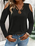 Women's Off-the-Shoulder Long-Sleeve Viscose Blouse with Ring Trim Detail on Neckline
