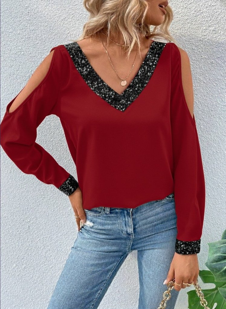 Women's Long Sleeve V-Neck Off-Shoulder Sandy Blouse