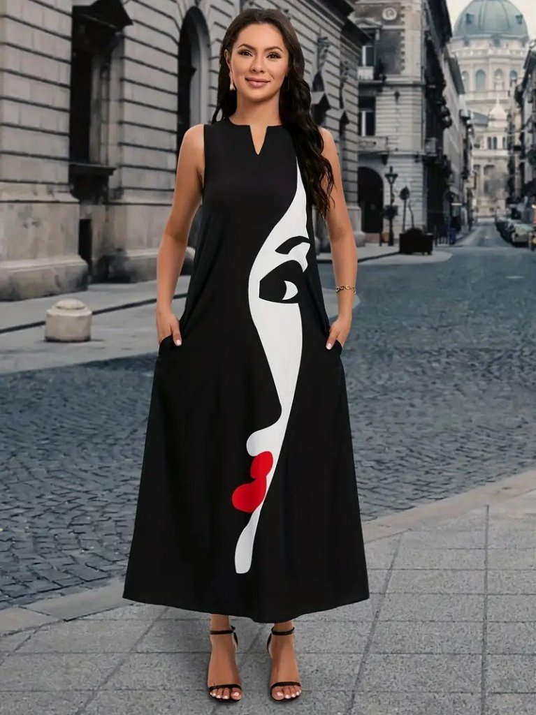 Women's Sleeveless V-Neck Women's Face Patterned Interlock Dress