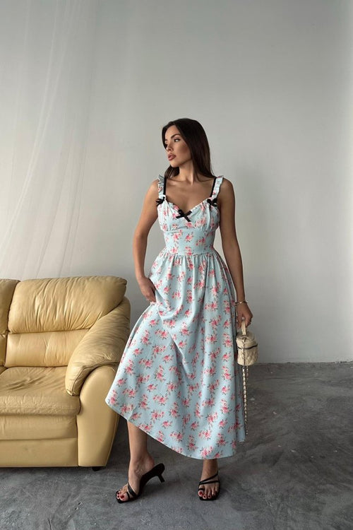 Baby Blue Floral Dress with Front Bow