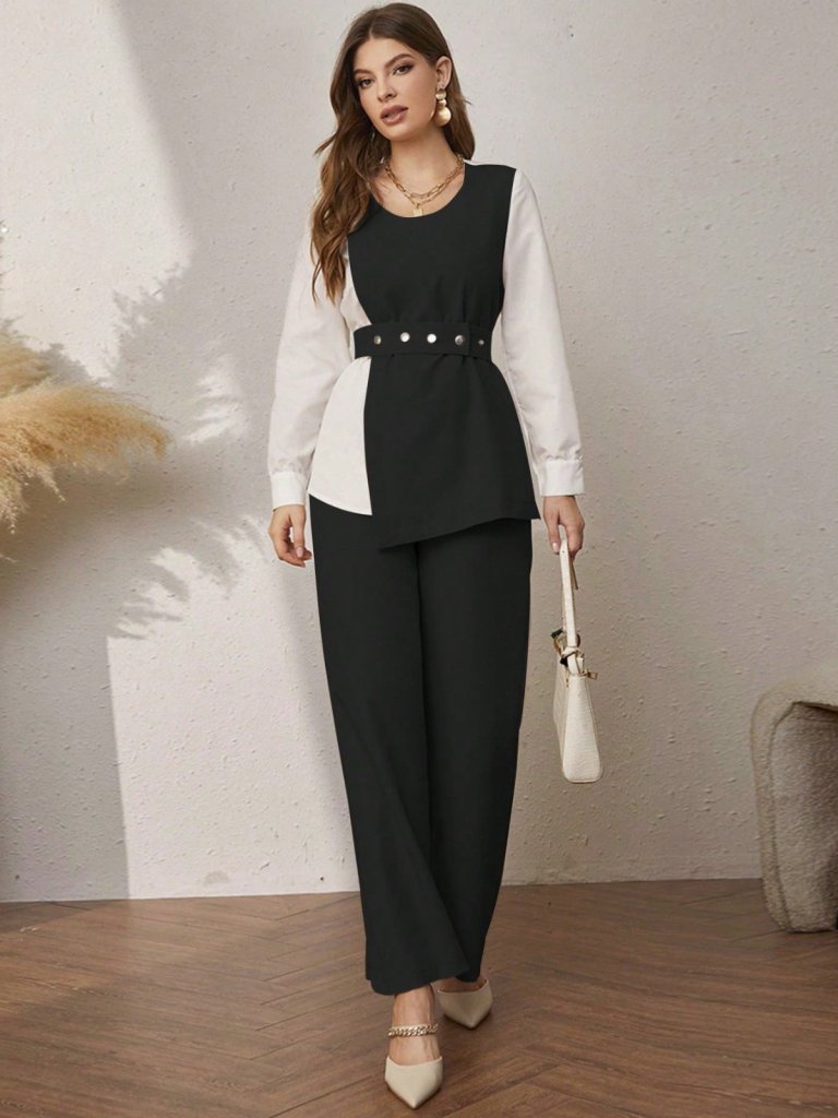 Women's Long Sleeve Open Collar Two-Tone Belted Imported Crepe Two-Piece Set