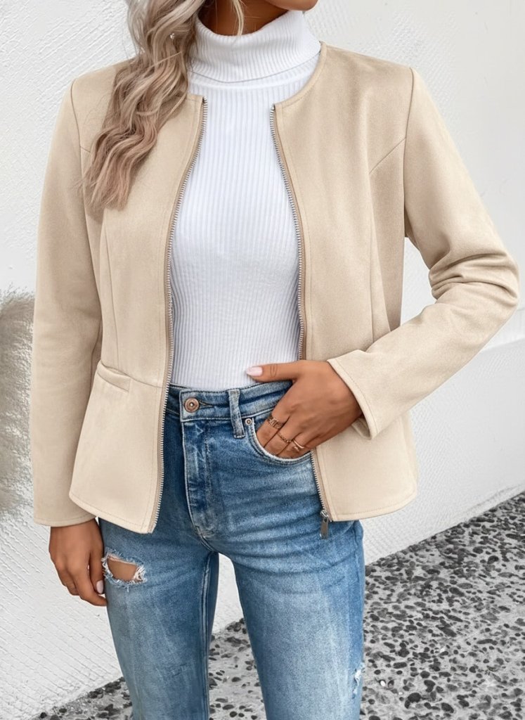 Women's Long Sleeve Round Neck Front Zip Suede Jacket